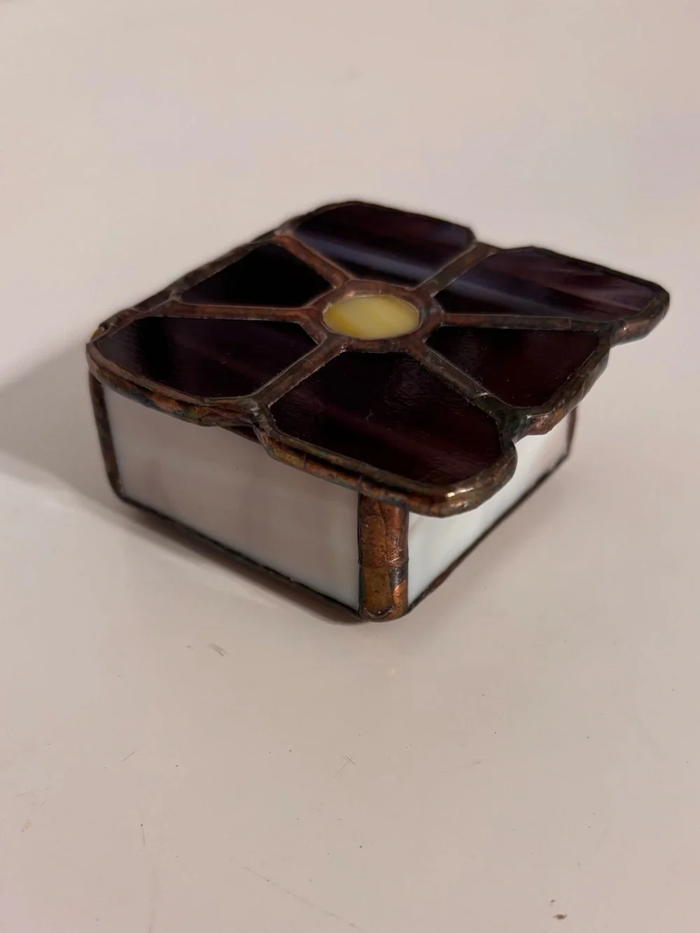 Handmade Stained Glass Trinket Ring Box Purple Flower Yellow Center 2” X 2” Box